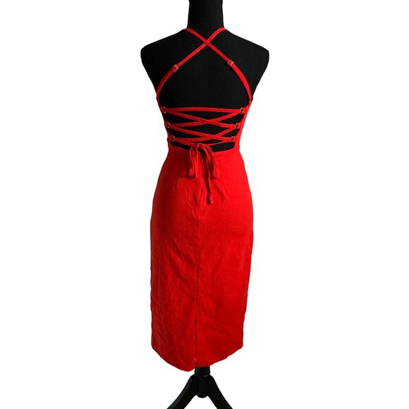 Wild Fable Juniors Teens Red Halter Neck Midi Dress Lace-Up Back & Bodycon Fit - Picture 5 of 15